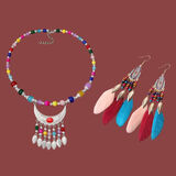 海伊朵民族风长款流苏串珠羽毛耳环波西米亚氛围感耳坠云南大理拍照旅行 彩色额链+彩色耳环