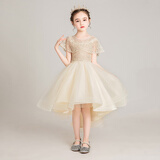 小咔衣浓小女孩公主裙女童花童婚礼蓬蓬纱儿童晚礼服主持人钢琴演出服大童 香槟色前短后长 150
