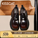 接吻猫KISSCAT女鞋[奥利奥]厚底乐福鞋秋冬季新款百搭系带JK真皮小皮鞋 黑擦红棕色 37