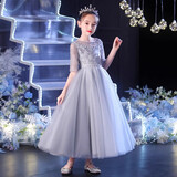 小咔衣浓儿童礼服公主裙花童婚纱小主持人高端钢琴演奏演出走秀表演服夏季 灰色长款 150