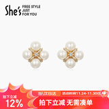 She's茜子饰品轻简迷你四叶草形耳饰仿珍珠耳钉女生日礼物送女友