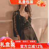 猫惑纯欲风带胸垫冰丝睡衣女士吊带内衣睡裙秋季情趣家居服套装礼盒装 黑色【吊带+睡袍】【带胸垫】 L 【适合95-115斤】