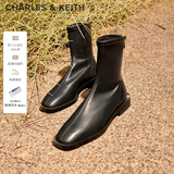 CHARLES&KEITH复古方头拉链低跟时装靴短靴踝靴子女靴生日礼物CK1-90900090 Black黑色 37