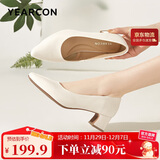 意尔康女鞋粗跟时装鞋浅口套脚高跟鞋工作女单鞋春秋 26905W米白35