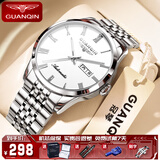 冠琴（GUANQIN）男士手表瑞士品质耐磨防水夜光全自动机械表双日历手表男机械表 全自动机械款-银壳白面