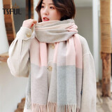 TSFUL围巾女2025秋冬保暖围脖披肩两用加厚防寒仿羊绒围巾披肩 粉灰