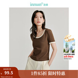 茵曼（INMAN）撞色罗纹棉女装U领短袖T恤修身气质通勤2025夏季新款短款上衣 深咖啡 S