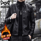 猫人夹克皮衣男春秋季外套机车服修身潮流休闲立领上衣 黑色 XL