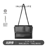 INJOYLIFE流浪包小众软皮通勤包机车大容量单肩包双链条女包牛皮方包 黑色