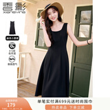 香影（xiangying）黑色吊带连衣裙女2025春夏新款垂坠感气质收腰无袖雪纺小黑裙 黑色 M
