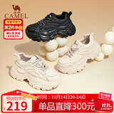 骆驼（CAMEL）老爹鞋女网布皮面拼接双系带厚底休闲鞋 L24S283079R 杏色绒里 35
