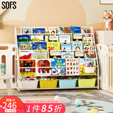 SOFS儿童书架绘本架简易落地宝宝小书柜铁艺幼儿置物架书本玩具收纳架 XXL码 (5+1)层 4盒白黄蓝绿