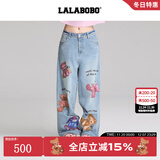 LALABOBO袁一琦同款纯棉牛仔裤女高腰显瘦小熊印花宽松阔腿裤RBED-WXZC19 中蓝白 常规 25 建议105-120斤