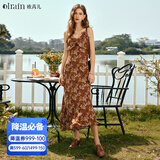 Olrain欧芮儿吊带碎花连衣裙夏季女装浪漫优雅长裙子度假沙滩裙 水仙咖 S