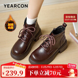 意尔康女靴厚底百搭加绒马丁靴女复古英伦风短靴 14738W 棕色 39