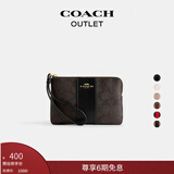 蔻驰（COACH）奥莱女士女包经典标志老花条纹图案角拉链腕包卡包红色 IM/胡桃木色/黑色