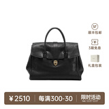 裘真手提公文包女士复古大容量通勤头层植鞣牛皮包包植鞣牛皮 黑色-加大号