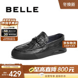 百丽休闲鞋男牛皮革格纹套脚豆豆鞋A1368AM4 黑色 41