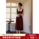 独束大码女装假两件撞色衬衫领连衣裙女秋冬微胖mm文艺复古穿搭裙子 勃艮第红【适合165左右】 3XL