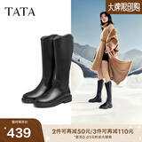 他她（TATA）黑色V口长筒靴女英伦加绒抗寒高筒靴骑士靴冬季G5JA1DG2 黑色（单里） 40