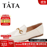 他她（TATA）方头乐福鞋女休闲平底一脚蹬小皮鞋女单鞋春秋款FLC22AM4 米色 36