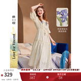 两三事度假风法式连衣裙女茶歇24夏季复古刺绣方领短袖裙子嗜好冷鸢 米杏色 M