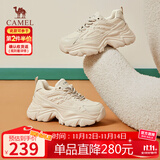 骆驼（CAMEL）老爹鞋女网布皮面拼接双系带厚底休闲鞋 L24S283079 杏色 35