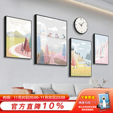 好久不见客厅装饰画现代简约沙发背景墙壁画轻奢大气四联组合挂画 四季牧歌(含挂钟) 小组合(建议2-2.5米墙)PS黑框