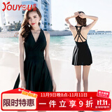 佑游泳衣女连衣裙泡温泉保守小胸聚拢性感显瘦泳装四件套19414黑色L