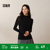 森马（Semir）长袖t恤女短款半高领薄绒轻暖打底衫2024冬新款纯色修身抓绒内搭 黑色90001 L