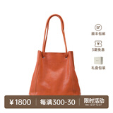 裘真008水桶包女斜挎通勤大容量真皮复古小众植鞣牛皮包包 焦糖色-大号