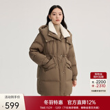 艾莱依仿羊羔毛领羽绒服女中长款大衣保暖外套 茶褐色 M