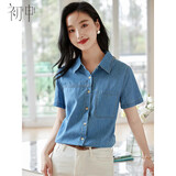 初申夏季短袖牛仔衬衫女设计感小众复古叠穿法式牛仔衬衣S143C1546
