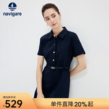 Navigare意大利小帆船短袖衬衫裙女士夏季时尚百搭小个子连衣裙简约中裙女 海军蓝 XL 码