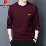 皮尔卡丹品牌卫衣男春秋款圆领男士纯棉长袖t恤男休闲宽松打底衫上衣潮流T 长薄款7729酒红 175/XL 建议140-155斤