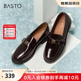 百思图秋新款英伦风通勤山茶花乐福鞋女一脚蹬皮鞋单鞋WWE55CA4 酒红 37