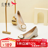 红蜻蜓秋冬女士粗跟小香风皮鞋职业通勤妈妈鞋高跟鞋WFB31540 米白色 34