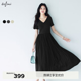 伊芙丽（eifini）蒋欣代言【天鹅裙】V领针织拼接显瘦短袖连衣裙2025春季新款 黑色 S 80-105斤