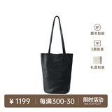 裘真慵懒遇水桶包女腋下单肩包复古通勤包头层植鞣牛皮包包 黑色-中号