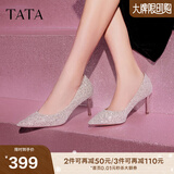 他她（TATA）酒杯鞋婚鞋新娘鞋伴娘鞋宴会高跟鞋女鞋细跟配裙子单鞋新 粉金（7cm）-流光款 35
