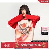 LALABOBO[苏新皓同款]个性涂鸦长袖t恤男女纯棉宽松百搭上衣潮流RBDC-DT12 红色 S