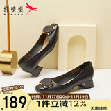 红蜻蜓秋冬女士粗跟小香风皮鞋职业通勤妈妈鞋高跟鞋WFB31540 黑色 38