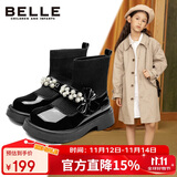 百丽童鞋秋冬女童靴子儿童时尚袜子靴保暖时装靴 黑色30码