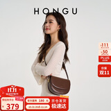 红谷包包女牛皮宽肩带单肩斜挎包时尚复古马鞍包 生日礼物送女友