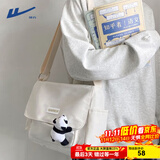 回力新款斜挎包男大容量百搭休闲帆布单肩包潮简约日系旅行学生背包女 米白+白熊猫挂件