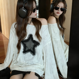 梵昇昱t恤2026新款上衣辣妹星星纯欲罩衫破洞镂空一字肩宽松长袖打底衫 五角星镂空长袖【白色】 M 90-105斤