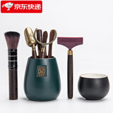 祥业功夫茶具配件茶道六君子套装茶刀茶针茶则茶勺刷喝茶泡茶工具大号 粗陶福锦茶道筒（暗青）+佛手五件套+茶刮+黑陶素净