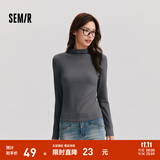 森马（Semir）长袖t恤女短款半高领薄绒轻暖打底衫2024冬新款纯色修身抓绒内搭 灰色调00322 S
