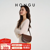 红谷包包女牛皮宽肩带单肩斜挎包时尚复古马鞍包 生日礼物送女友