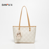 三福托特包女2025秋OL复古系列可爱挂件包满印女包新年礼物472872 杏色波点格纹 大